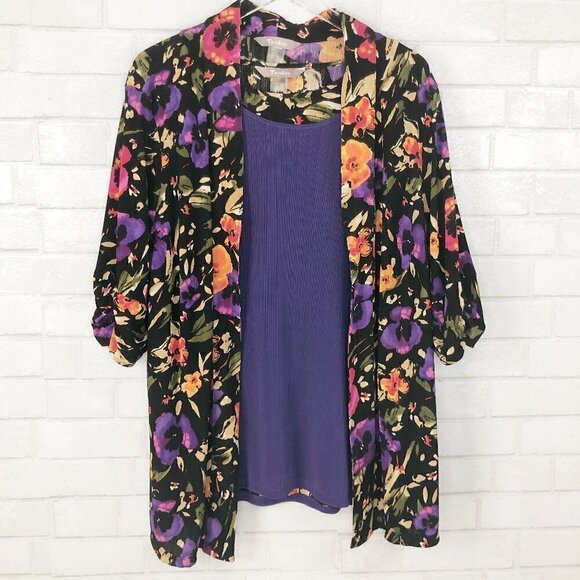 TanJay Four Piece Floral Black & Purple Blouse Skirt Set Size 2X / 3X - Picture 1 of 15